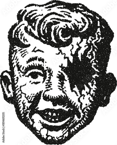 Surreal portrait vector illustration of a man with cracked head revealing dark void in stipple dotwork style
