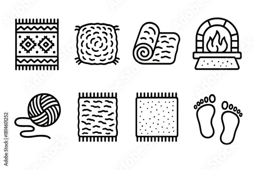 Cozy Wool Rugs Icons. Cozy Wool Rugs linear icon set: patterned rug, fringe detail, rolled carpet, wool texture, floor cushion, fireplace mat, knitting yarn, footstep print