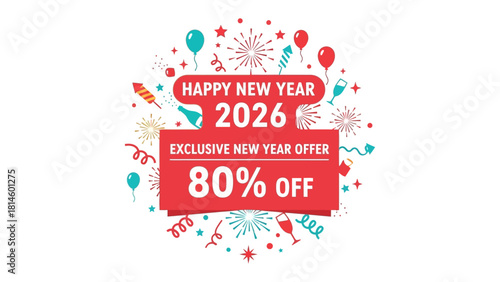 New Year Offer Promotion: A vibrant banner promoting a New Year sale with a focus on festive elements, announcing an attractive discount to attract customers.