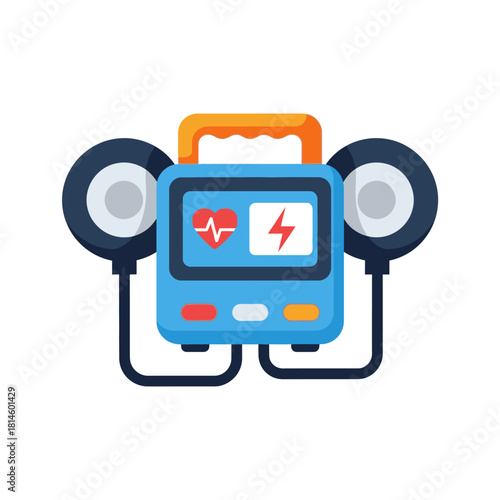 Cartoon Defibrillator with Electrodes, Displaying Heartbeat and Lightning Bolt Symbols.
