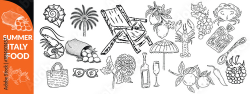 Summer Italy food print, hand drawn travel Mediterranean icon set Italian vintage vacation emblem. Traditional cuisine elements, Amalfi lemon silhouette wine glass bottle. Italy summer bis set design