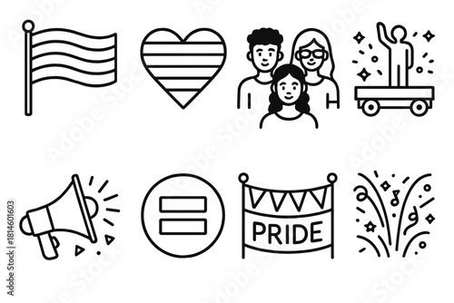 Outline Pride Icons. Pride Celebration linear icon set: rainbow flag, heart symbol, diverse people, parade float, confetti burst, megaphone, equality sign, pride banner