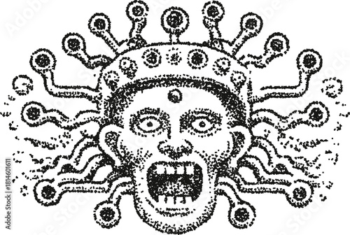 Tribal mask face vector illustration with screaming expression and radiating energy in stipple dotwork art style
