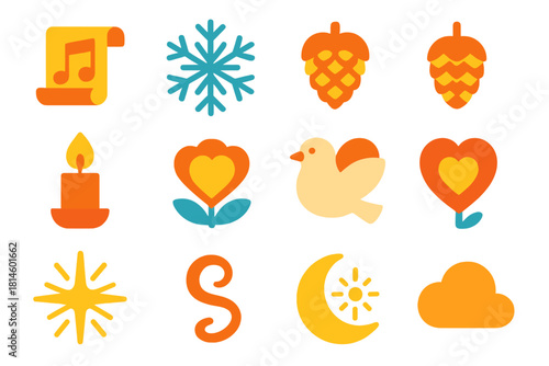 Festive Icon Symphony. Merry Harmony flat icon set : music scroll, snowflake, pinecone, radiant beam, candle flame, dove, glowing heart, starburst, ribbon curl, moonlight, gentle