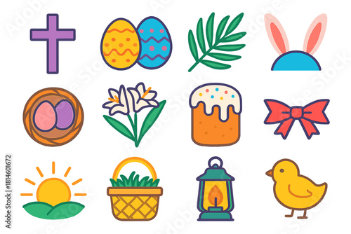 Vibrant Easter Icons. Easter Celebration Set flat icon set: Easter cross, decorated eggs, palm leaf, bunny ears, nest, lilies, sweet bread loaf, ribbon, sunrise, basket grass
