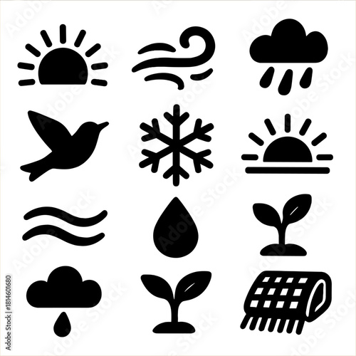 Transitional Nature Icons. Transitional Accents silhouette icon set : sunrise, wind swirl, rain cloud, blooming bud, migrating bird, frost crystal, sunset, dew drop, warm breeze