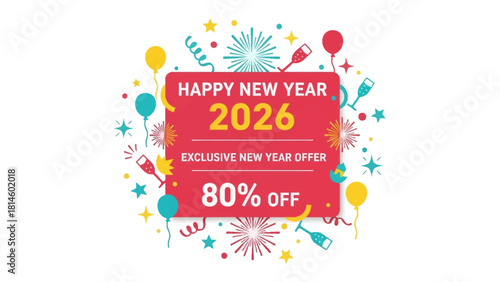 New Year 2026 Celebration: A vibrant celebratory graphic for the New Year, showcasing festive elements like champagne, confetti, and balloons.
