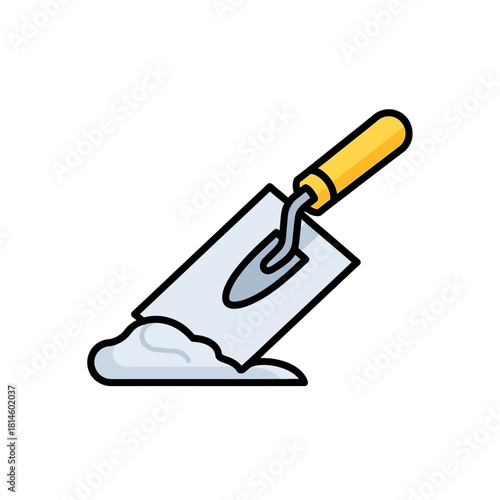 Cartoon Illustration of a Trowel with Yellow Handle and Cement Pile.