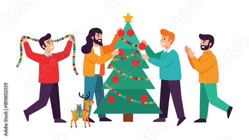 Holiday Spirit: A group of friends gathering and working together for Christmas decoration including ornaments, garlands, and a festive reindeer toy.