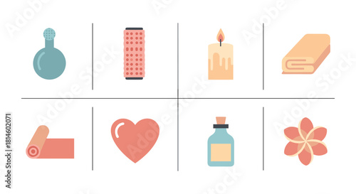 Wellness and relaxation icons set featuring candle, heart, and yoga mat in flat design