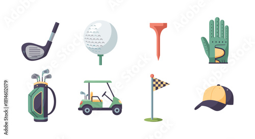 Golf equipment icons set featuring clubs, ball, tee, glove, and cart