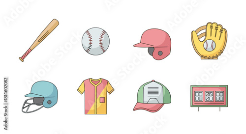 Colorful baseball equipment set: bat, ball, helmets, uniform, glove, caps, scoreboard