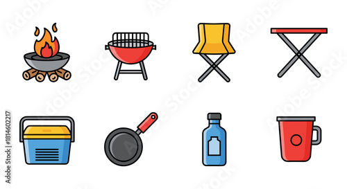 Colorful camping equipment icons collection featuring fire, grill, chair, and more
