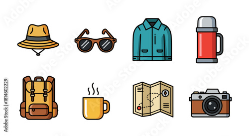 Adventure essentials icons: hats, jackets, cameras, and more in colorful style