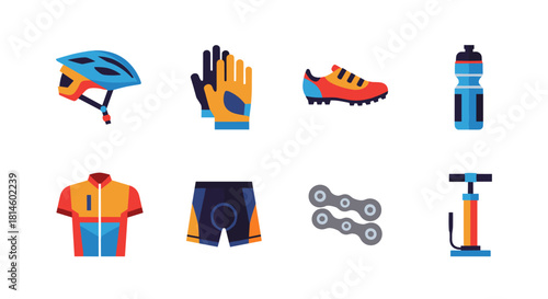 Cycling gear set: helmet, gloves, shoes, bottle, jersey, shorts, chain, pump