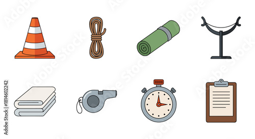 Cartoon fitness and training equipment set with colorful icons