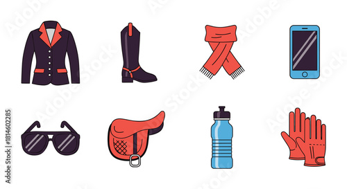Equestrian gear icons set featuring jacket, boots, scarf, phone, sunglasses, saddle, bottle, gloves