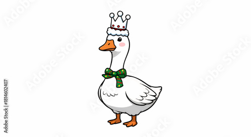 Cute cartoon goose wearing a crown and a festive scarf, perfect for holiday and whimsical designs