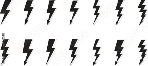 Collection of black lightning bolt icons on white background