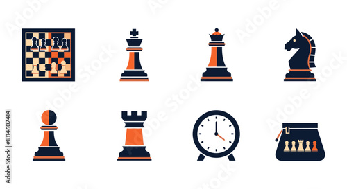 Flat chess icons set featuring pieces, board, and timer in black and orange