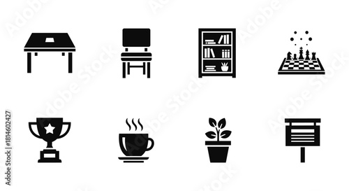 Silhouette icons of office essentials and leisure items in minimalist style