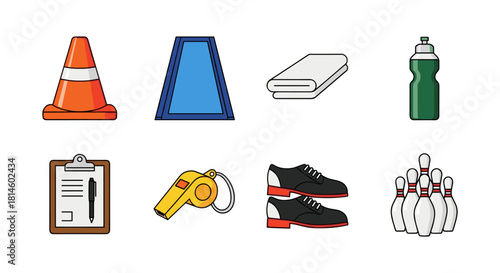 Colorful sports and fitness equipment icons set for modern designs