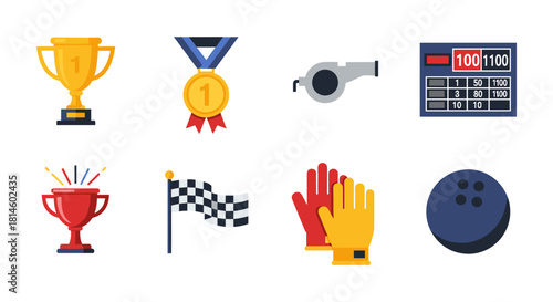 Colorful sports icons set: trophy, medal, whistle, scoreboard, and more