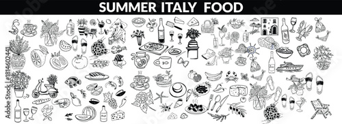 Summer Italy food print, hand drawn travel Mediterranean icon set Italian vintage vacation emblem. Traditional cuisine elements, Amalfi lemon silhouette wine glass bottle. Italy summer bis set design