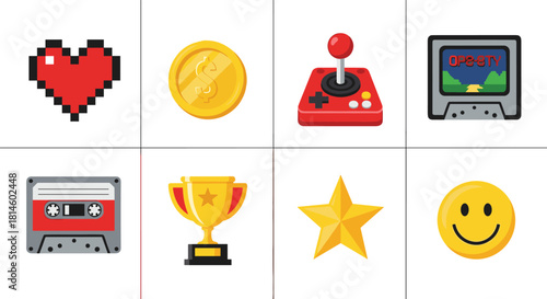 Retro pop icons: 8-bit heart, game joystick, trophy, smiley, cassette