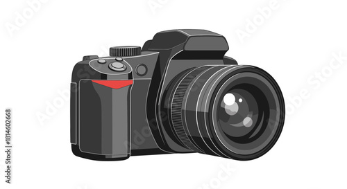 Digital camera with lens on white background in modern style