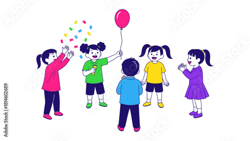 Wallpaper Mural A Moment of Cheerfulness: A ring of children, surrounded by colorful confetti and the gentle sway of a balloon, stand in a circle, their faces alight with an air of pure joy. Torontodigital.ca