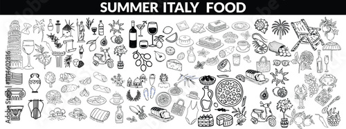 Summer Italy food print, hand drawn travel Mediterranean icon set Italian vintage vacation emblem. Traditional cuisine elements, Amalfi lemon silhouette wine glass bottle. Italy summer bis set design