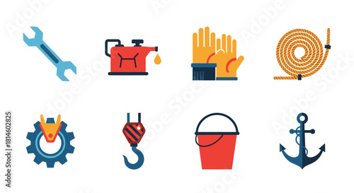 Flat design icons of construction tools safety gear nautical equipment