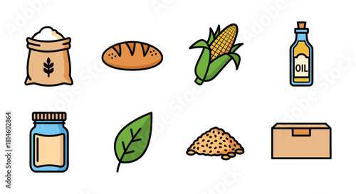 Simple flat icons of food ingredients: corn, bread, oil, herbs, and more