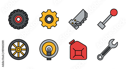 Colorful lineart icons of workshop tools and equipment