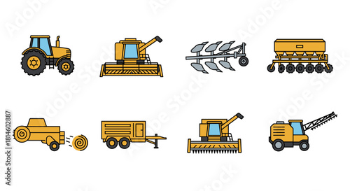 Colorful agriculture equipment icons in linear design