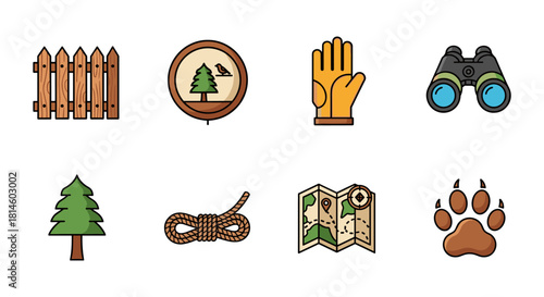 Outdoor adventure equipment icons: nature, exploration, and camping essentials