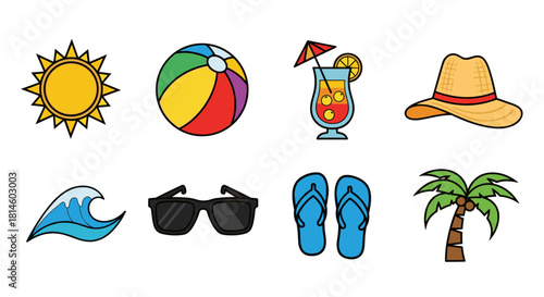 Colorful beach icons: sun, palm, flip flops, and more in cartoon style
