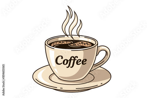Steaming coffee cup with saucer - retro style beverage design