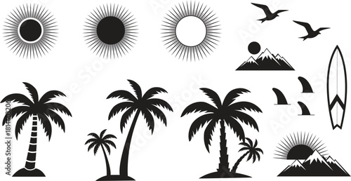 Tropical summer elements collection with palms and surfboard