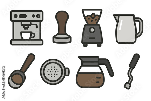 Flat coffee making icons: espresso machine, grinder, and more essential tools