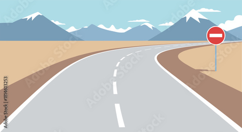 Curved highway with no entry sign against mountain background
