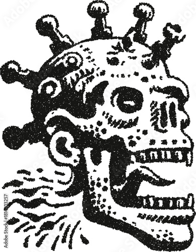 Exploding mechanical skull with bolts and smoke trail, horror stipple vector illustration for metal album cover and tattoo artwork