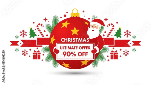 Christmas Ultimate Offer: A festive graphic design of Santa Claus holding a sign with a '90% OFF' promotion, surrounded by holiday decorations, stars, candy canes, trees, gifts, and snowflakes.
