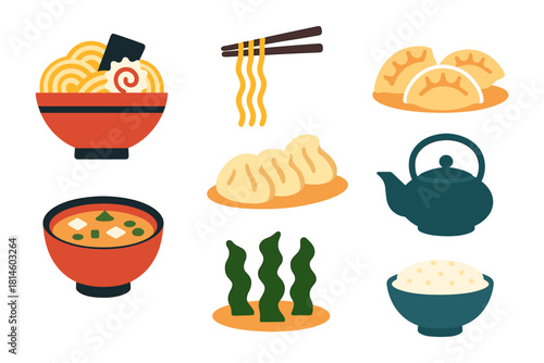 Traditional asian cuisine elements: ramen, dumplings, miso, seaweed, and tea set