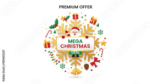 Mega Christmas Deal: Festive visual representing a premium Christmas offer, centered around a snowflake-shaped design. it's a promotional message to capture attention with a merry holiday theme.