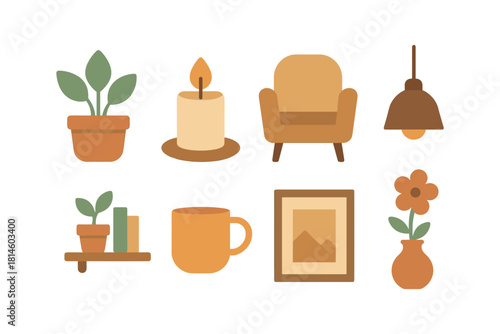 Cozy home decor icons with plants and furniture in minimalist flat design