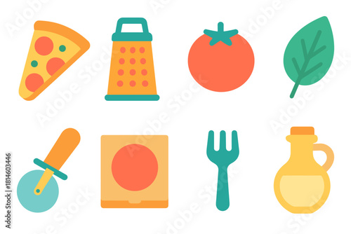 Flat design pizza elements: slices, cheese grater, tomato, leaf, fork, and oil