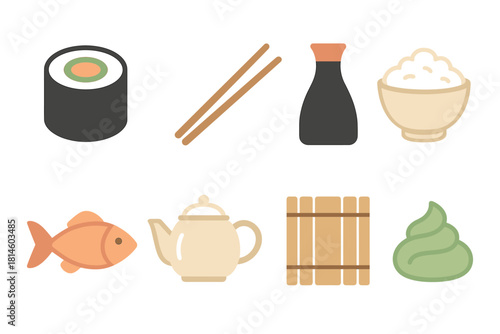 Flat icons of japanese cuisine: sushi, soy sauce, rice bowl, fish, tea, bamboo, wasabi
