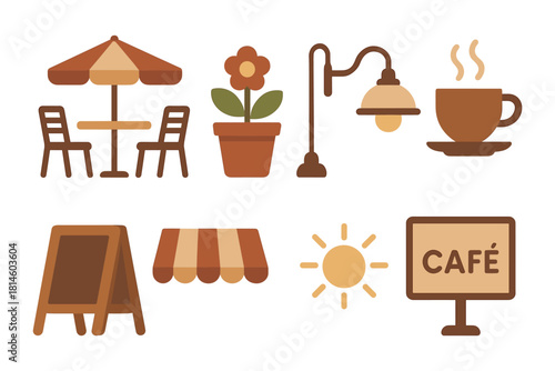 Cozy cafe elements: outdoor seating, fresh coffee, warm decor, and sunlit ambiance